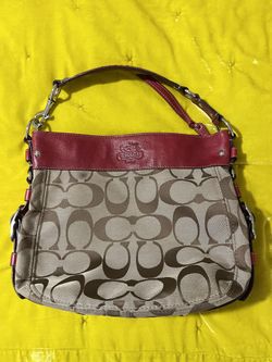 COACH Zoe Large Monogram Tan & Red Shoulder Bag