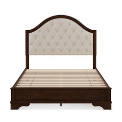 Antoro Brown Walnut Upholstered Platform Bed Frame Queen Size with Button Tufted Headboard Solid Wood Frame Bed