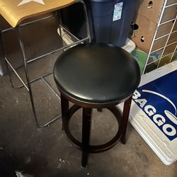 Little Wooden Stool w/ Black Leather Seat