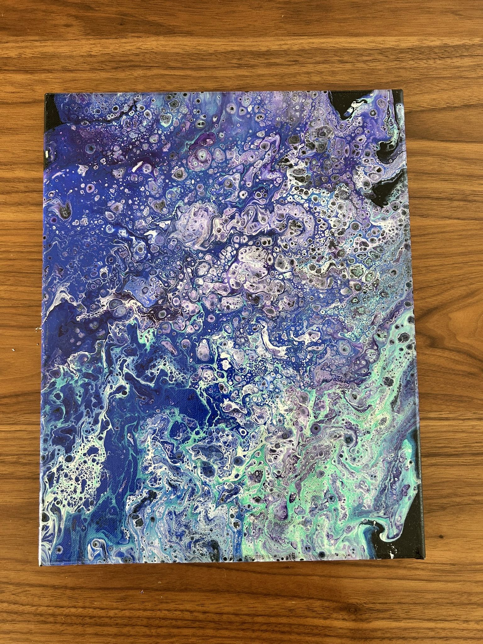 Acrylic Fluid Painting colored in sky blue, blue, green and black.