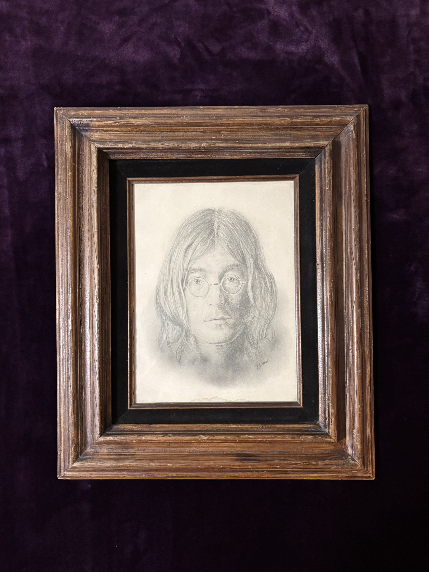 John Lennon Portrait, Hand Drawn, Black Velvet Border in Wood Frame, Mid 1980’s