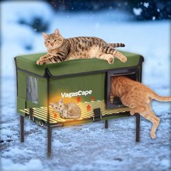 Outdoor Insulated Weatherproof Cat Shelter with Heating Pad and Safe Escape Door, Waterproof Warm Home for Outside Barn Feral Stray Cat（Green）