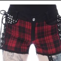 Heartless Clothing Plaid Punk Studded Shorts Sz 36 Women’s 16 Goth Clothing New