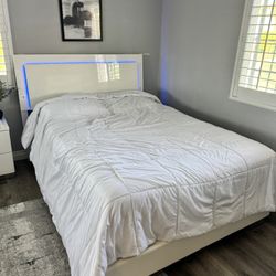 White LED Queen Bed + Mattress