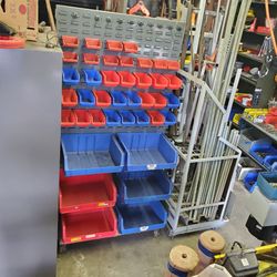Commercial Akro-mils dual sided rolling rack with bins