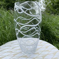 Large Glass Vase With Textured White Swirls / Flower Container