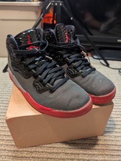 Jordan Flight 45 High / black-red “Bred” type colorway, and they look very clean—possibly unworn or extremely lightly worn. The Flight 45 High line da