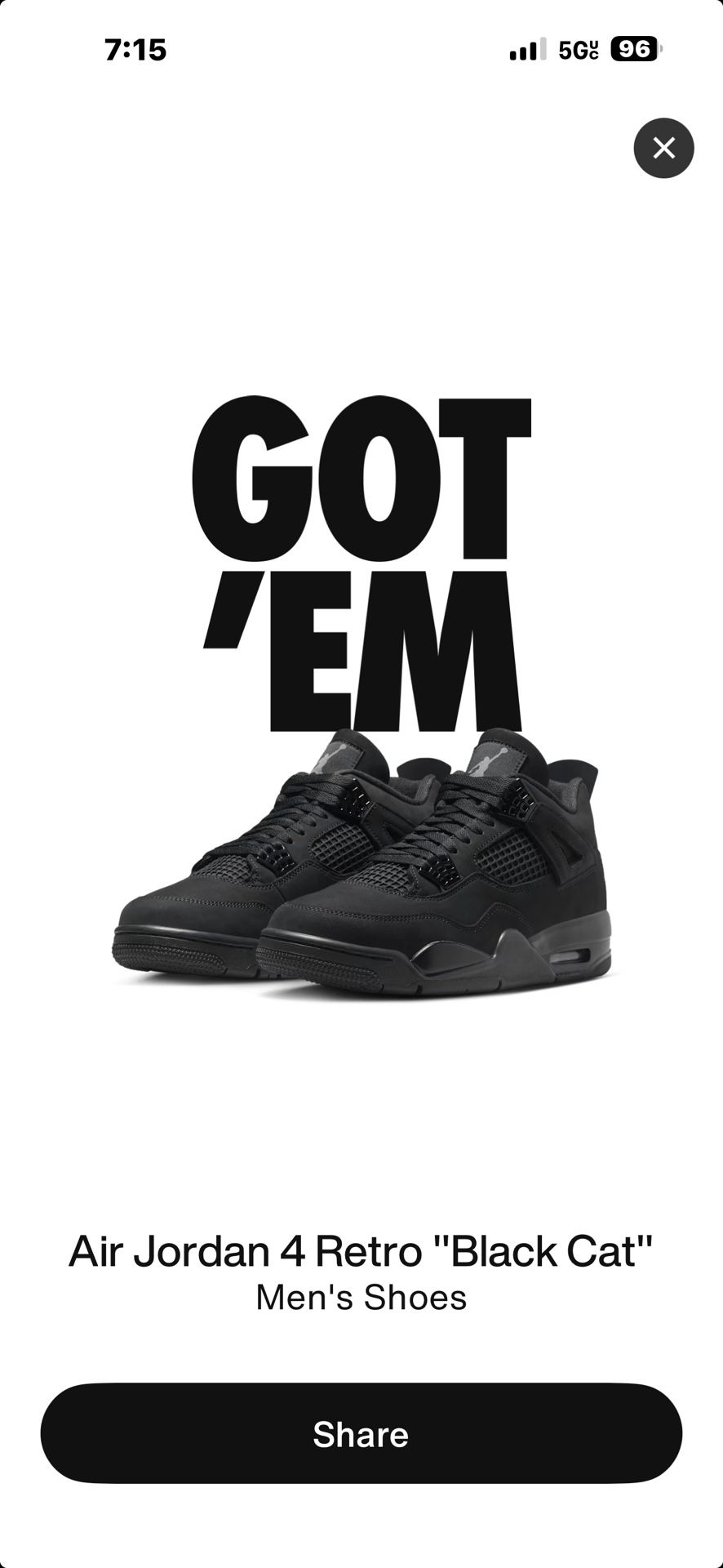 Jordan 4 Black Cat 2025 Size 11