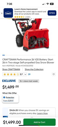 Snowblower Craftsman 26” Snow Blower V20 Gas
