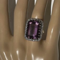 Vintage Very large Amethyst and Diamond Halo set 14K Yellow & White Gold Ring