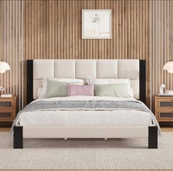 Cal King Bed Frame and Headboard, Boucle Upholstered，Solid and Stable Bedframe, No Box Spring Needed, Noise Free.