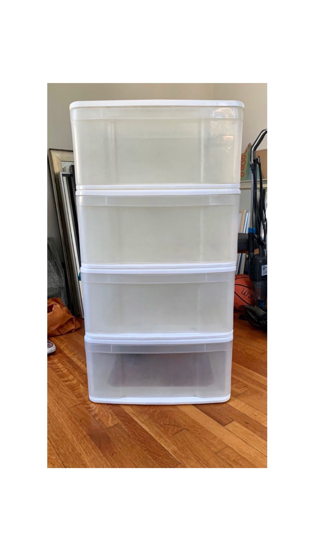 4 plastic stackable storage drawers