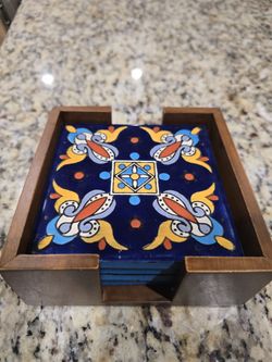 4 Talavera Coasters with Walnut Holder