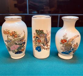 Vintage set of 3 mid century Japanese miniature porcelain vases
