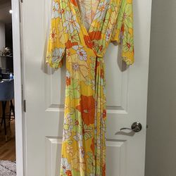 Bright Orange And Yellow Wrap Dress, Maxi, Size XL