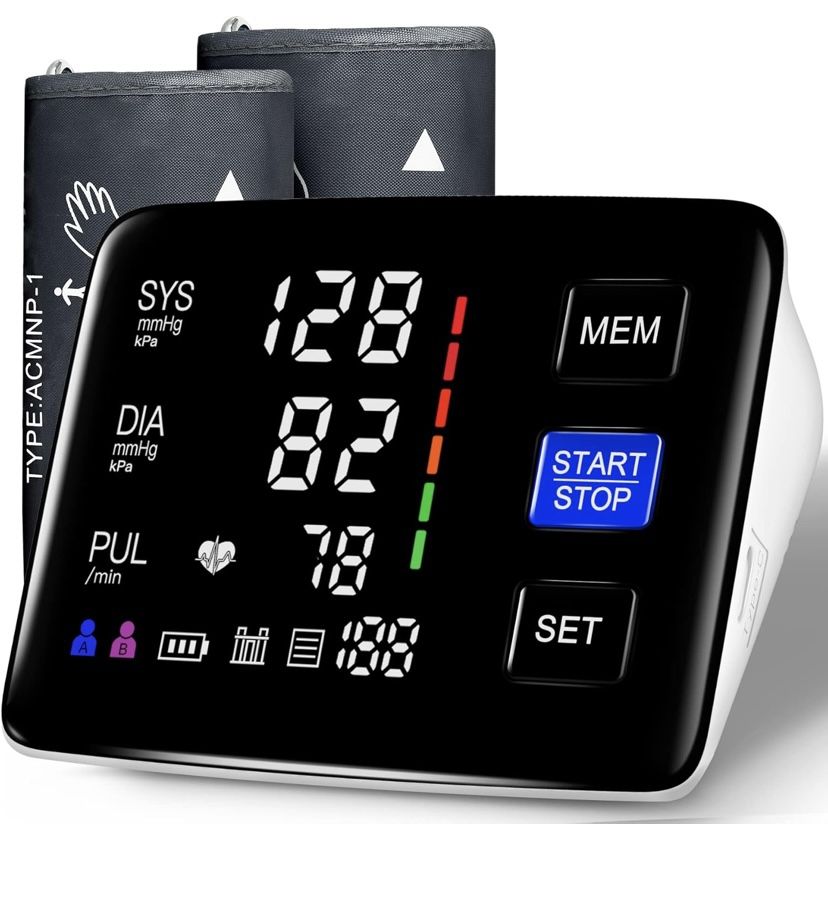 Extra Large Blood Pressure Cuff Upper Arm, LED Color Backlit Screen Automatic Digital Blood Pressure Machine with USB Cable and 4 AAA Batteries