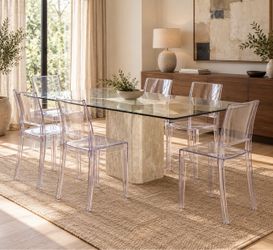 7-Piece Postmodern Travertine Glass Dining Table & Clear Ghost Chairs Set
