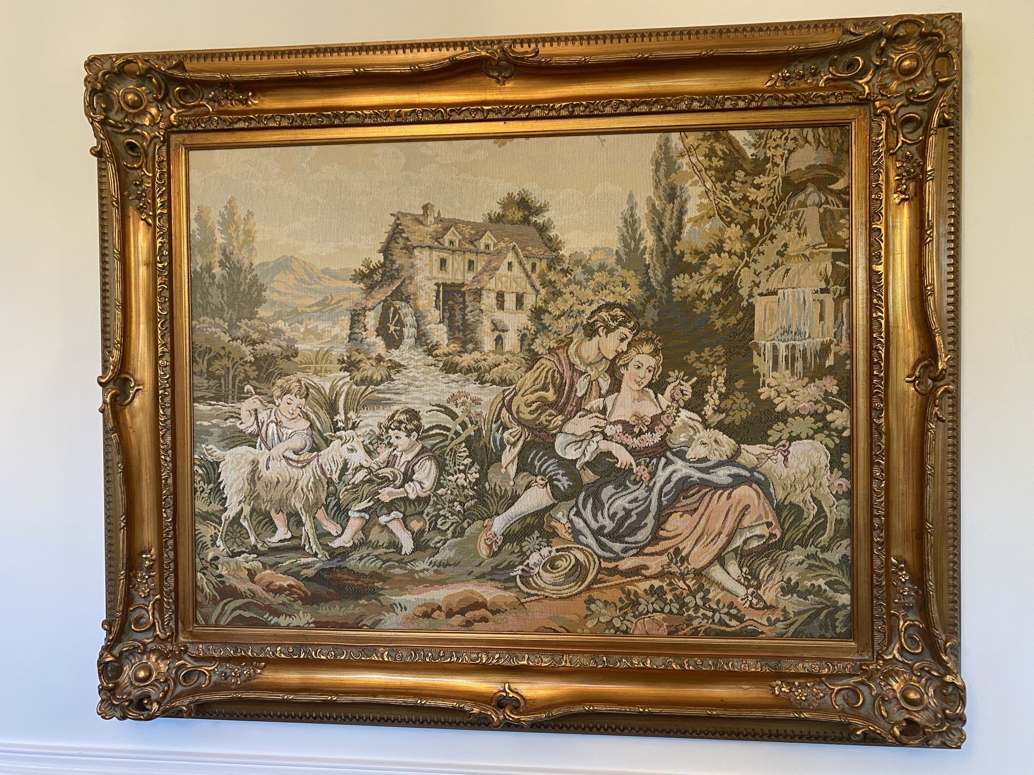 Large Framed Antique Needlepoint Textile Tapestry Country Landscape with Family 52”Wx42”H