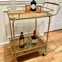 Gold And Wood Wheeled Bar Cart