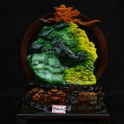 15.2" Green & Gold Xiu Jade House Tree Sculpture, Chinese Natural Jade Art