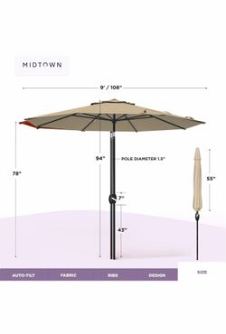 Midtown Umbrellas - 10-Year-No-Fade 9 Ft Patio Umbrella with Terylast Fabric, Auto-Tilt Aluminum Frame and 8 Reinforced Ribs for Deck, Pool, Garden & 