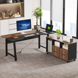 Tribesigns 70.9 x 31.5 Inch Extra Office Executive Desk with Power Outlet and File Cabinet, Modern L-Shaped Computer Desk