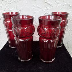 WHEATON Vintage Ruby Red Glass Bullseye Drinking Glasses Set (of 4)