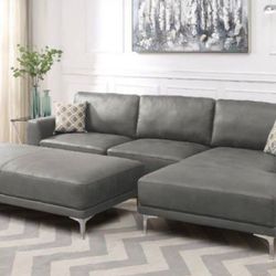 Brand New Grey Leather Gel Modern Style Sectional Sofa (Ottoman Sold Separately)