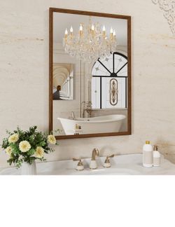 Bathroom Mirror, 24x36 Inch Wall Mirror, Walnut Wood Grain Framed Mirror, Rectangle Vanity Mirror, Tempered Glass, Anti-Rust, Hangs Horizontally or Ve