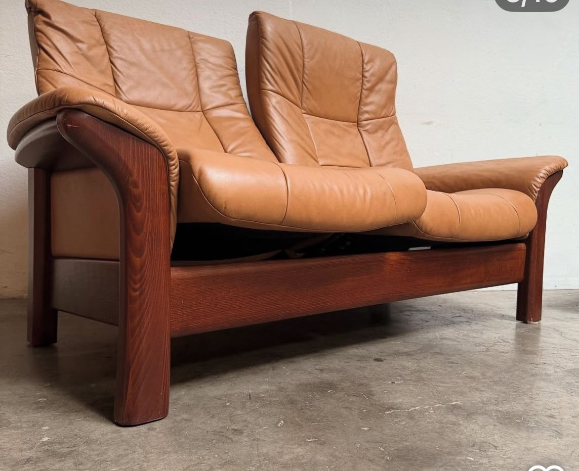 Vintage Ekornes Stressless Brown Leather & Wood Love Seat Couch W/ Ottomans