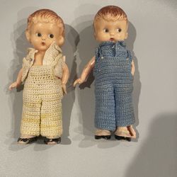 2 Vintage Knickerbocker celluloid dolls: boy and girl w/ crochet clothes