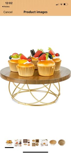 New open box MyGift 10 Inch Round Cake Stand, Premium Acacia Solid Wood Gold Tone Metal Wire