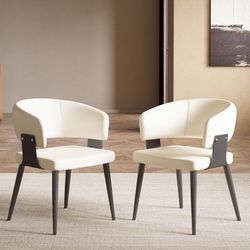 Ivory Dining Chairs Set of 2,Mid Century Modern Accent Armchair Mid Century Modern Style,Faux Leather,Black Metal Legs,Ideal for Dining Room,Office,Li