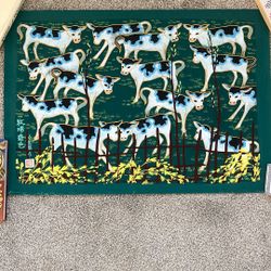 Vintage Chinese Folk Art Print – Cattle Motif with Red Seal