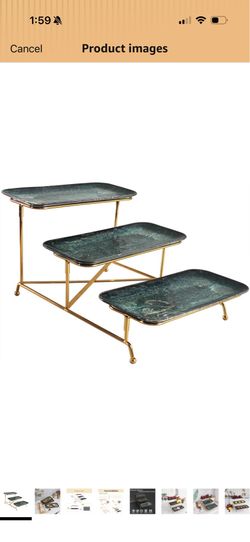 3-Tier Service Plates Stand, with 3 Pcs 12 Inch Ceramic Plates and Foldable Sturdy Gold Stand, for Food Display, Fruit, Cake Dessert, Decoration for P
