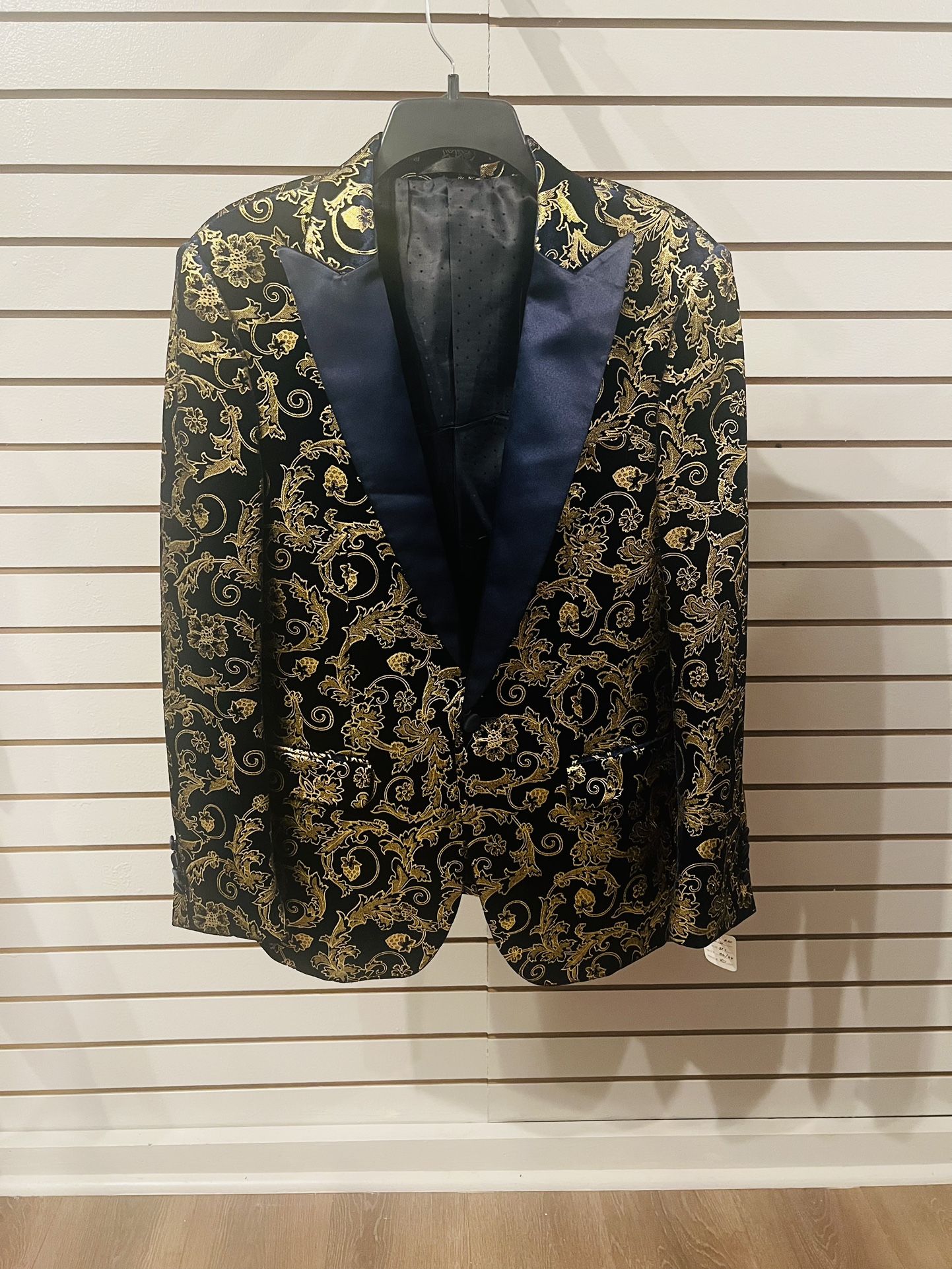 Festive Embroidered Navy Blue & Gold Velvet Dinner Jacket - Size 36