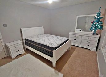 White Sleigh 4 PC. Queen Size Bedroom Set. Brand New. MATTRESS SET IS NOT INCLUDED.