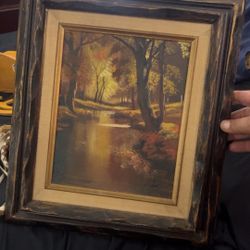 Signed Original oil painting woods and lake scene