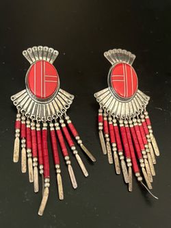 Native American earrings red coral sterling silver