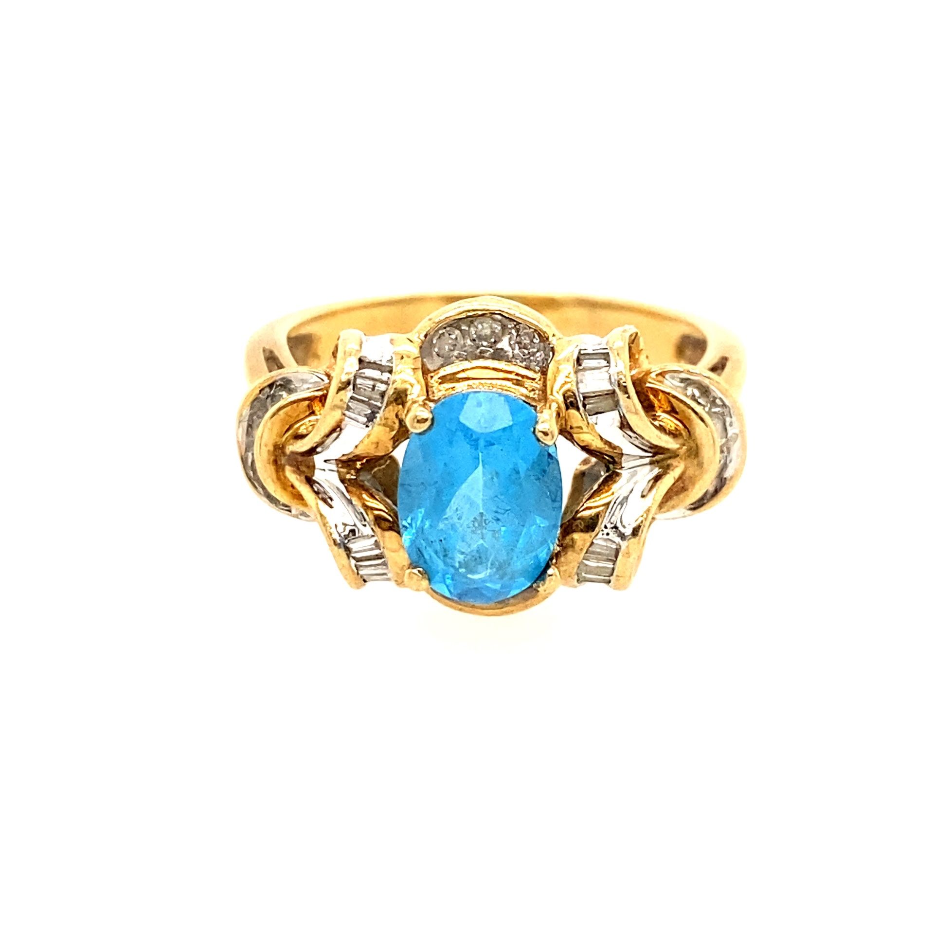 10KT Topaz, Baguette, Round Diamonds Ring