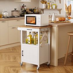 Rolling Kitchen Island Cart with Drawer, Storage on Wheels, Small Home Coffee Bar, Microwaves Stand, Table/Cabinet and Side Hook, White