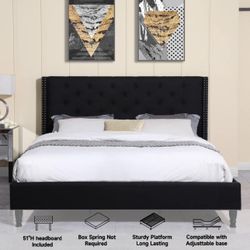 King Size Upholstered Platform Bed Frame with 51" Tall Headboard - Button Tufted Cloth Bed - Wood Slat Support with Storage Space - No Box Spring Need