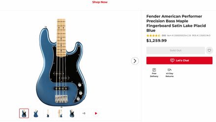 Fender American Performer Precision Bass Maple Fingerboard Satin Lake Placid Blue