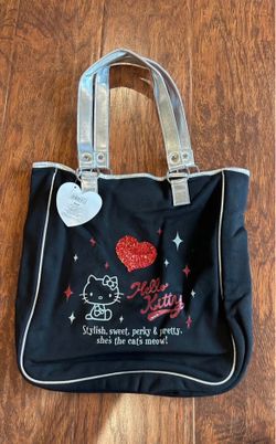 Hello Kitty Black Tote Bag with Glitter Heart Silver Handles