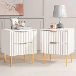 White Night Stand Set 2, Wide Fluted Nightstand with 2 Drawers, Modern Glossy Storage Bedside Table for Bedroom,