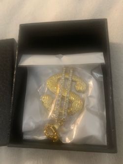 Gold Dollar Sign Pendant with CZ Stones