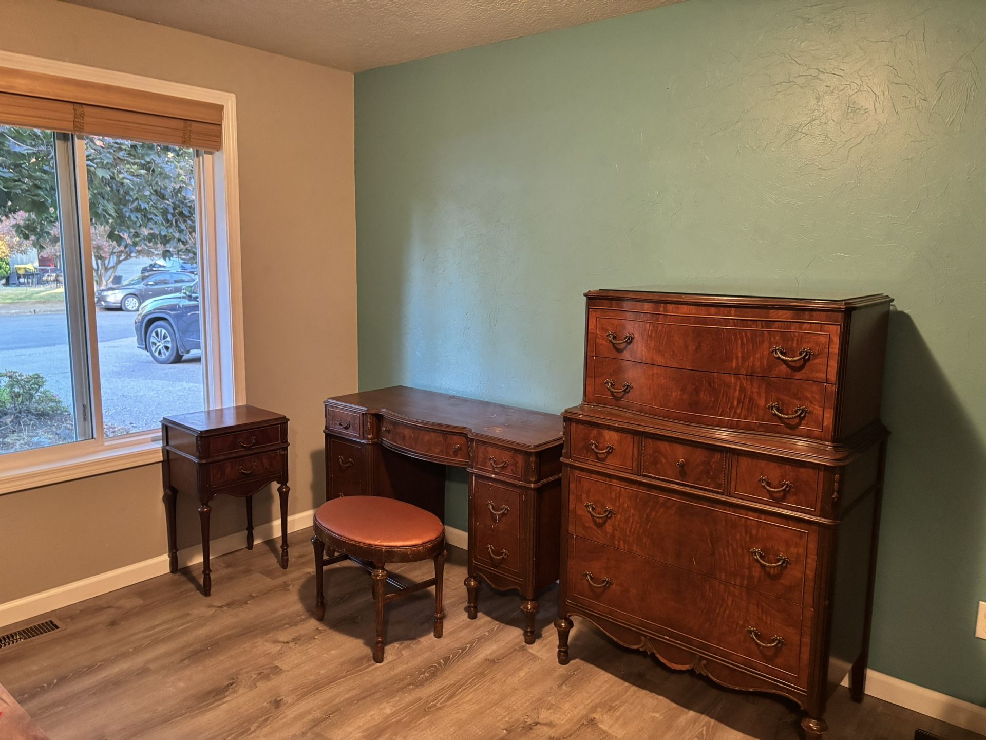 Antique Walnut Furniture: Dresser, Writing Desk, Stool, Nightstand