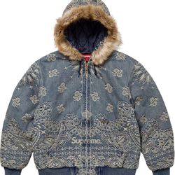 Size Large - Supreme Bandana Jacquard Denim Hooded Work Jacket Blue (New)
