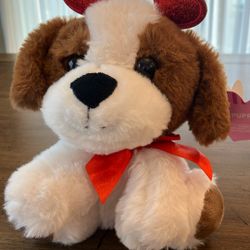 New 7" Valentine’s Day Plush Puppy – Brown & White Dog with Glitter Hearts