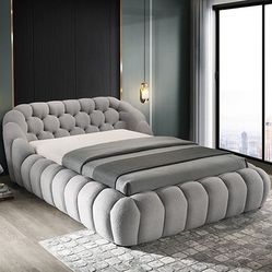 MODERN GRAY CHENILLE FABRIC QUEEN KING SIZE BED FRAME PLATFORM STYLE CAMA GRIS ITALIAN DESIGN MODA ITALIANA